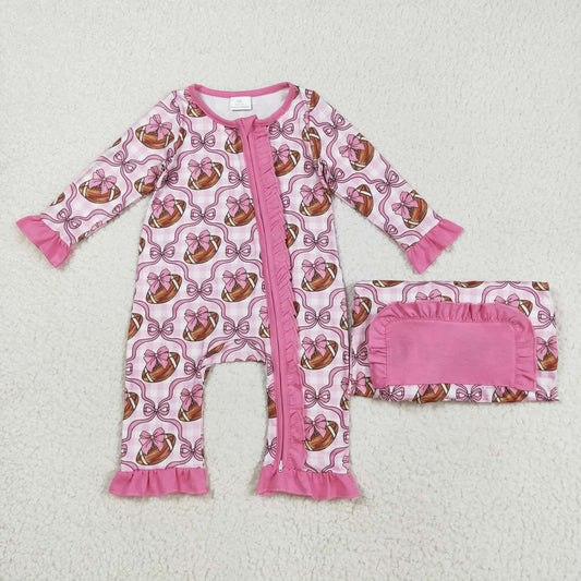 RTS NO MOQ （In stock）LR2361 Baby Girls Winter Rompers Baby Girls Pink Bows Footballs Ruffle Zipper Footie Rompers