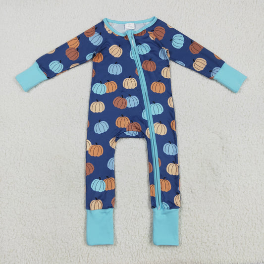 RTS NO MOQ （In stock）LR2364 Baby Boys Winter Rompers Baby Boys Long Sleeves Colorful Pumpkins Zipper Pant Rompers