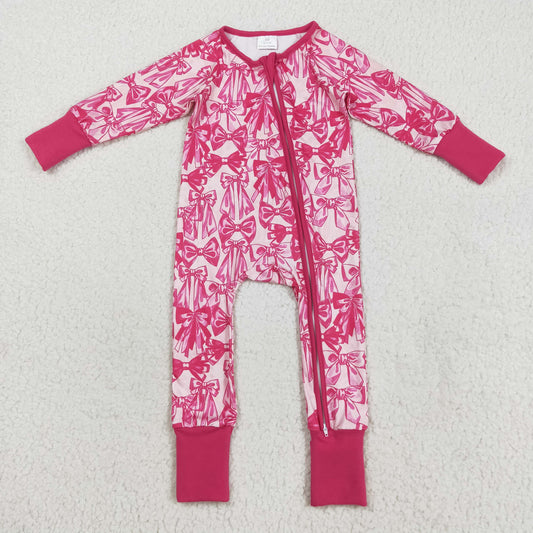 8.20 RTS NO MOQ （In stock）LR2365 Baby Girls Winter Rompers Baby Girls Long Sleeves Pink Bows Zipper Footie Rompers