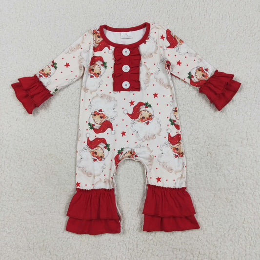 8.20 RTS NO MOQ （In stock）LR2395 Baby Girls Winter Rompers Baby Girls Christmas Long Sleeves Santa Stars Button Ruffle Rompers