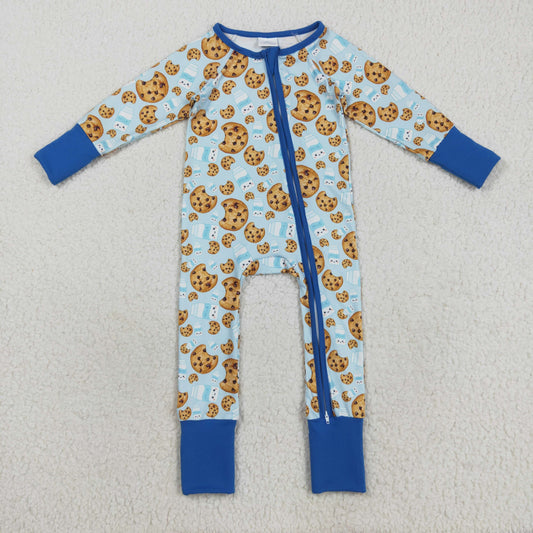 RTS NO MOQ （In stock）LR2397 Baby Boys  Winter Rompers Baby Boys Blue Milk Cookies Christmas Zipper Pant Rompers