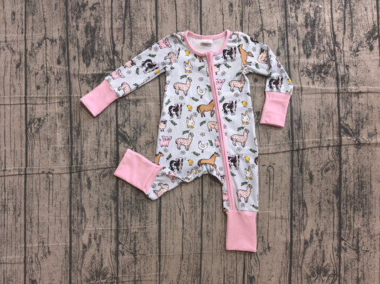 6.10 LR2401 Sample No Moq Baby Girls Farm Horse Chick Long Sleeve Zipper Rompers
