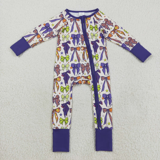8.20 RTS NO MOQ （In stock）LR2403 Baby Girls Winter Rompers Baby Girls Long Sleeves Purple Bows Zipper Footie Rompers