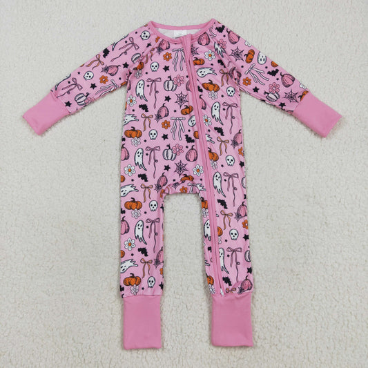 8.23 RTS NO MOQ （In stock）LR2405Baby Girls Winter Rompers Baby Girls Pink Ghost Pumpkins Halloween Zipper Footie Rompers