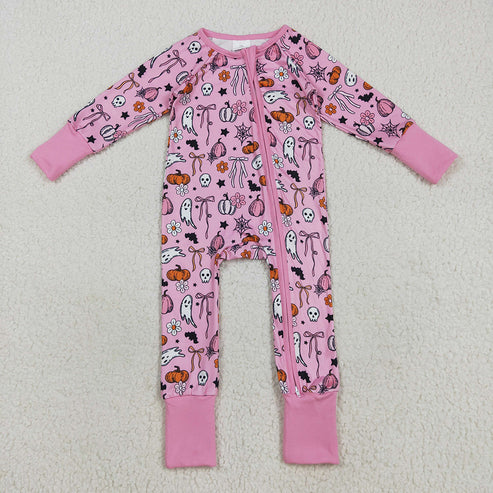 9.29 RTS Sibling Baby Girls Pink Ghosts Pumpkins Halloween Rompers Pajamas Sets