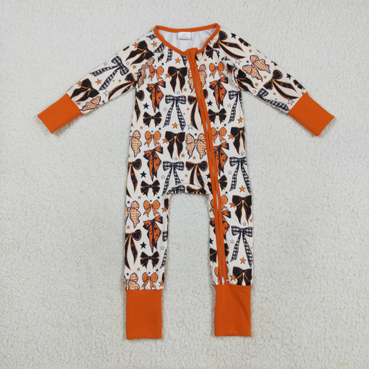 RTS NO MOQ （In stock）LR2409 Baby Boys Winter Rompers Baby Boys Orange Black Bows Stars Halloween Zipper Footie Rompers