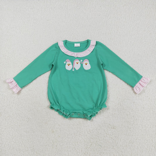RTS NO MOQ （In stock）LR2411 Baby Girls Winter Rompers Embroidery Baby Girls Green Long Sleeves Santa Ruffle Rompers