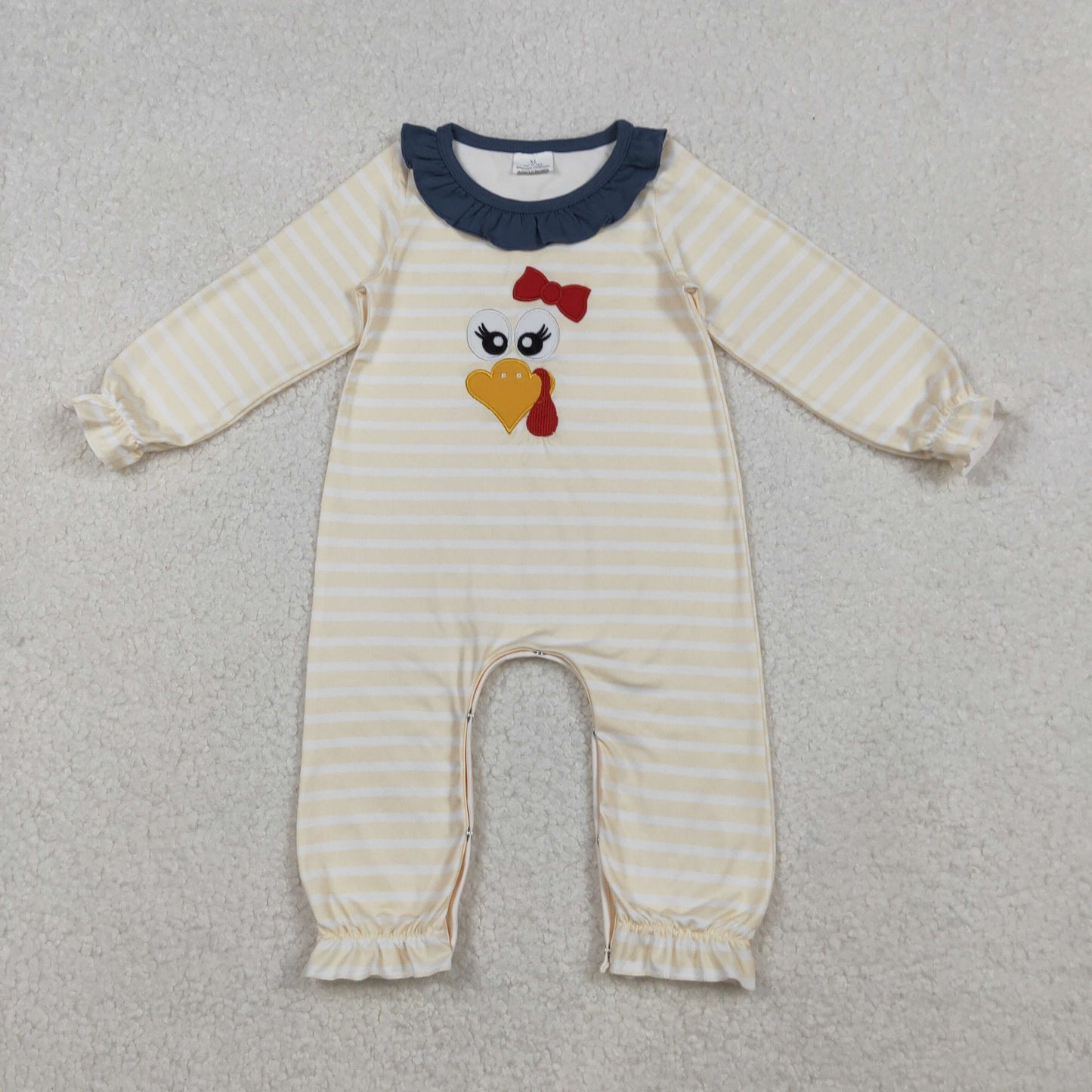 10.13 RTS NO MOQ （In stock）LR2424 Baby Girls Winter Rompers Embroidery Turkey Baby Girls Stripe Thanksgiving Ruffle Footie Rompers