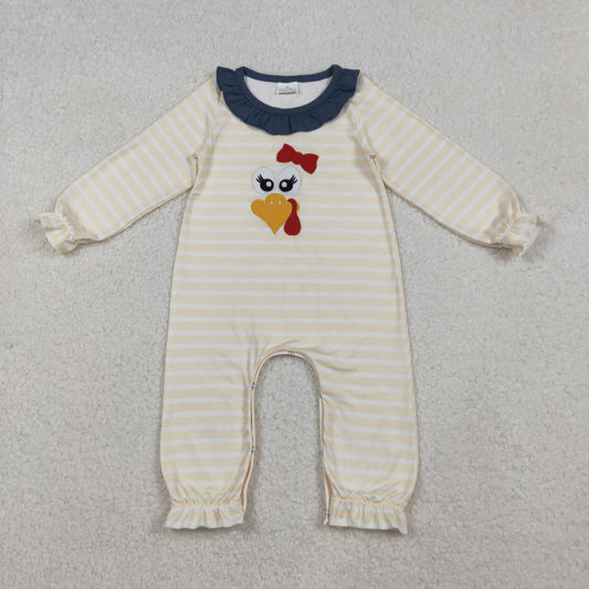 10.13 RTS NO MOQ （In stock）LR2424 Baby Girls Winter Rompers Embroidery Turkey Baby Girls Stripe Thanksgiving Ruffle Footie Rompers
