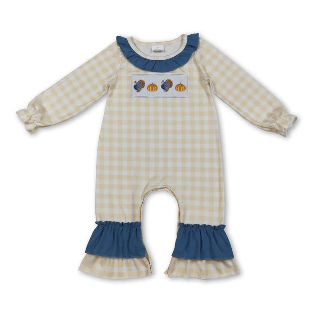 RTS Sibling milk silk Baby Girls Thanksgiving Turkey Print Ruffle Trim One Piece Rompers