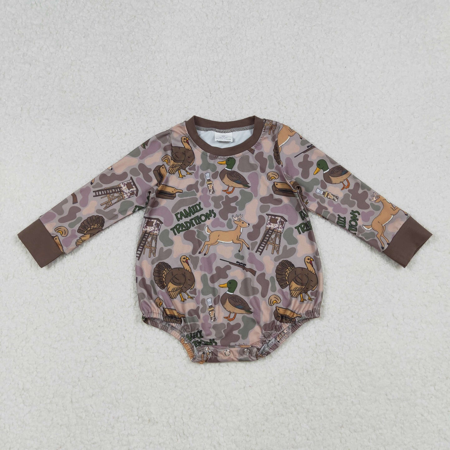 9.29 RTS NO MOQ （In stock）LR2440 Baby Boys Winter Rompers Baby Boys Brown Camo Turkey Ducks Hunting Rompers