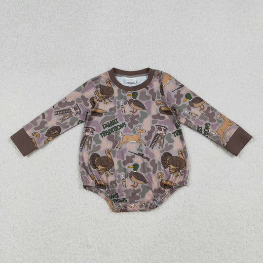 9.29 RTS NO MOQ （In stock）LR2440 Baby Boys Winter Rompers Baby Boys Brown Camo Turkey Ducks Hunting Rompers
