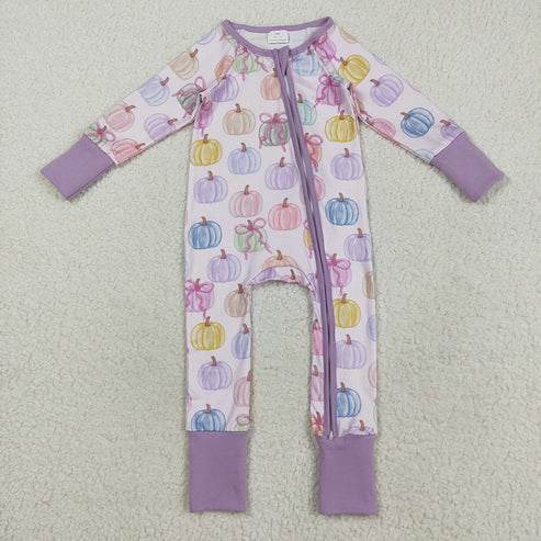 9.29 RTS Sibling Baby Kids Colorful Bows Pumpkins Fall Pajams Sets Zipper Footie Rompers