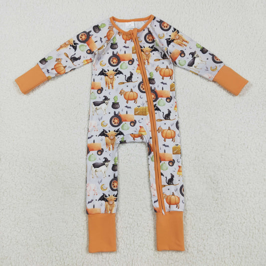 8.22 RTS NO MOQ （In stock）LR2444 Baby Girls Winter Rompers Baby Girls Farm Bats Pumpkins Halloween Zipper Footie Rompers