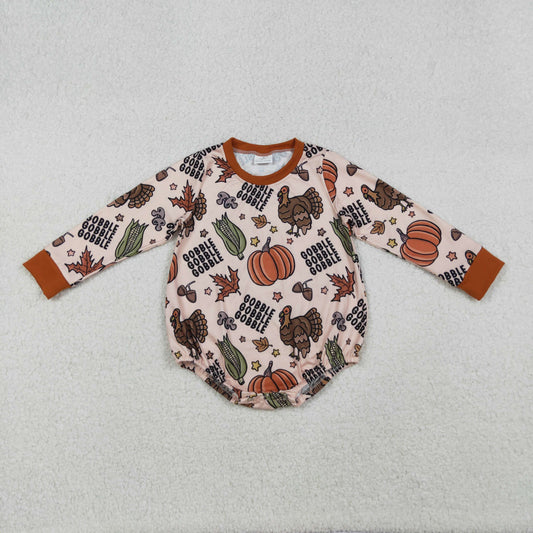 RTS NO MOQ （In stock）LR2447 Baby Boys Winter Rompers Thanksgiving Turkey Pumpkins Gobble Rompers