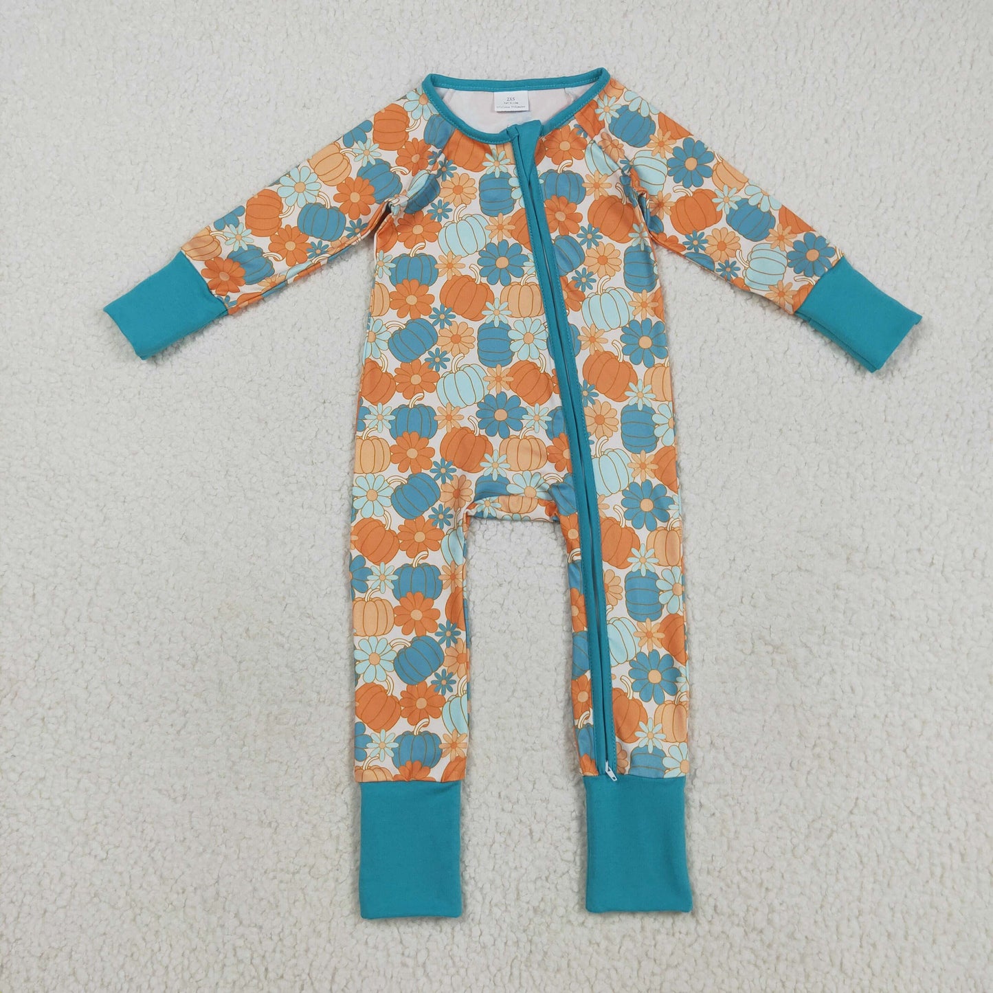 RTS NO MOQ （In stock）LR2461 Baby Boys Winter Rompers Baby Boys Colorful Pumpkins Flowers Fall Zipper Footie Rompers