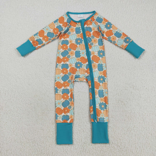 RTS NO MOQ （In stock）LR2461 Baby Boys Winter Rompers Baby Boys Colorful Pumpkins Flowers Fall Zipper Footie Rompers