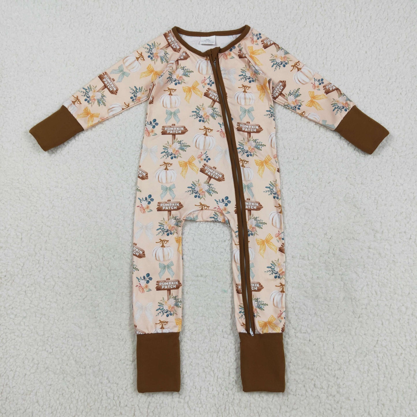 RTS NO MOQ （In stock）LR2462 Baby Boys Winter Rompers Baby Boys Fall Pumpkins Bows Fall Zipper Footie Rompers