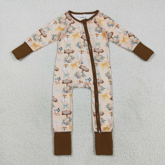 RTS NO MOQ （In stock）LR2462 Baby Boys Winter Rompers Baby Boys Fall Pumpkins Bows Fall Zipper Footie Rompers