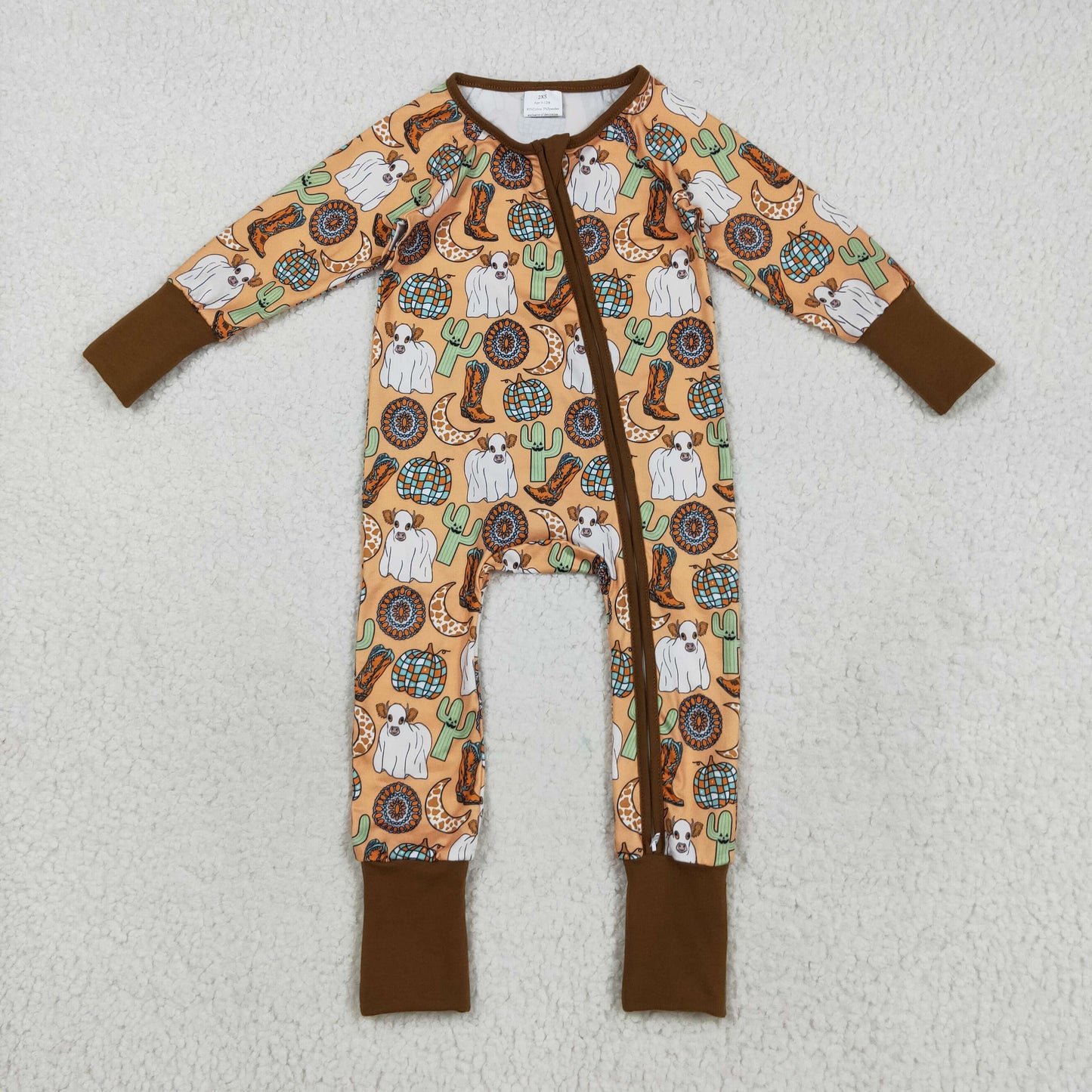 RTS NO MOQ （In stock）LR2463 Baby Boys Winter Rompers Baby Boys Western Cactus Boots Cows Zipper Footie Rompers