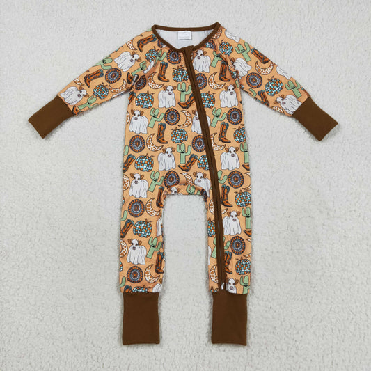 RTS NO MOQ （In stock）LR2463 Baby Boys Winter Rompers Baby Boys Western Cactus Boots Cows Zipper Footie Rompers