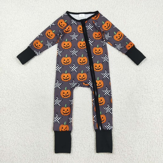 RTS NO MOQ （In stock）LR2464 Baby Boys Winter Rompers Baby Boys Halloween Stars Pumpkins Zipper Footie Rompers