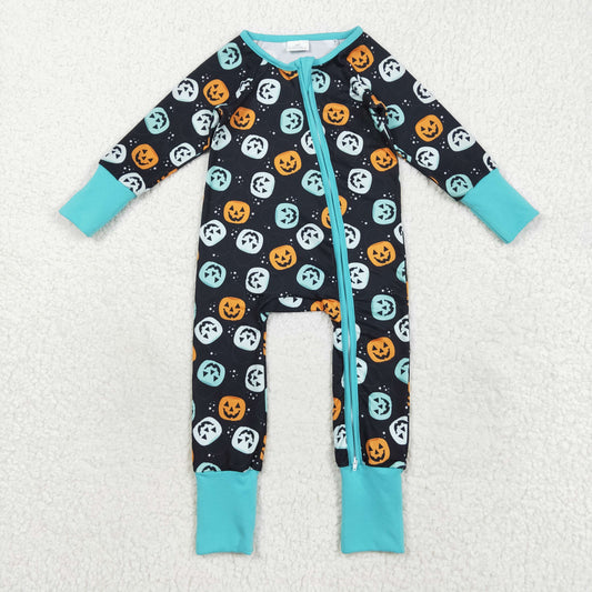 RTS NO MOQ （In stock）LR2465 Baby Boys Winter Rompers Baby Boys Ghost Pumpkins Fall Zipper Footie Rompers