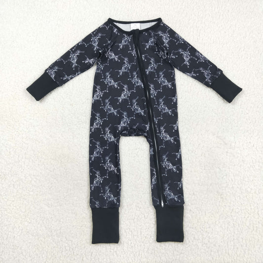 RTS NO MOQ （In stock）LR2466 Baby Boys Winter Rompers Baby Boys Black Horse Rodeos Western Zipper Pant Rompers