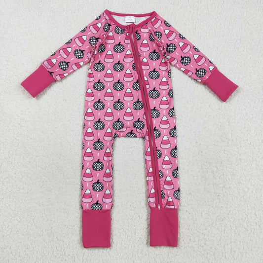 RTS NO MOQ （In stock）LR2467Baby Girls Winter Rompers Baby Girls Fall Pumpkins Candy Zipper Footie Rompers