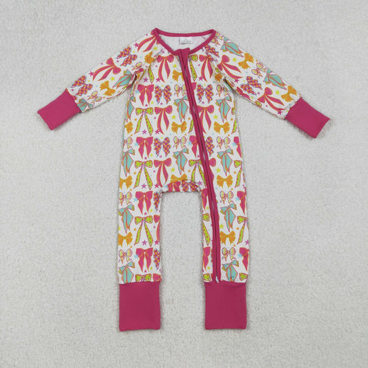 RTS NO MOQ （In stock） LR2468 Baby Girls Winter Rompers Long Sleeves Colorful Bows Stars Zipper Pant Rompers