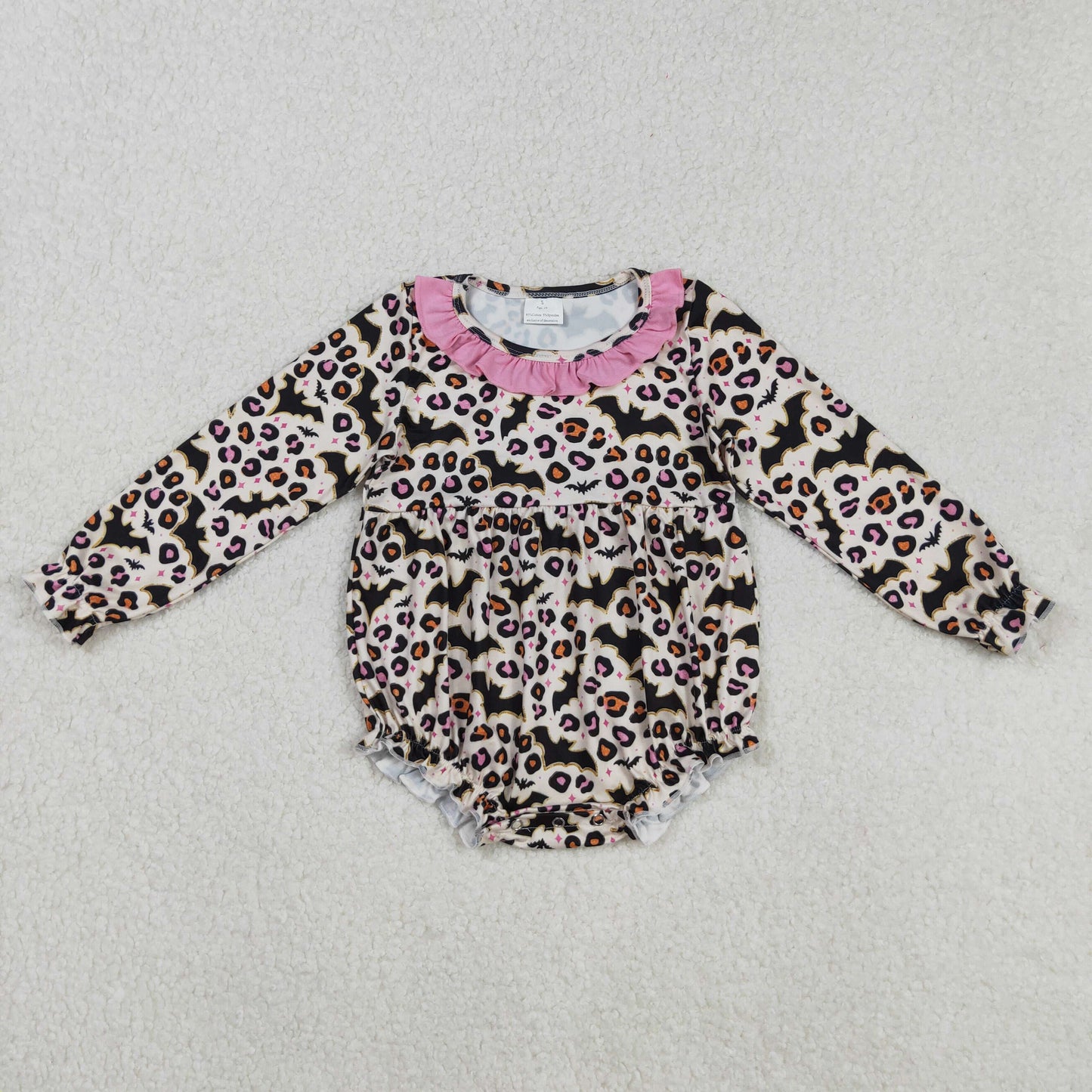 RTS NO MOQ （In stock）LR2473  Baby Girls Winter Rompers Halloween Costume Leopard Bats Ruffle Rompers