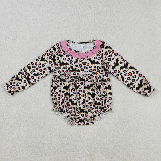 RTS NO MOQ （In stock）LR2473  Baby Girls Winter Rompers Halloween Costume Leopard Bats Ruffle Rompers