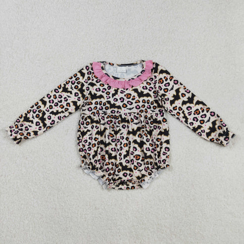 9.23 RTS Sibling Baby Girls Bats Leopard Halloween Ruffle Knee Length Dresses Romper