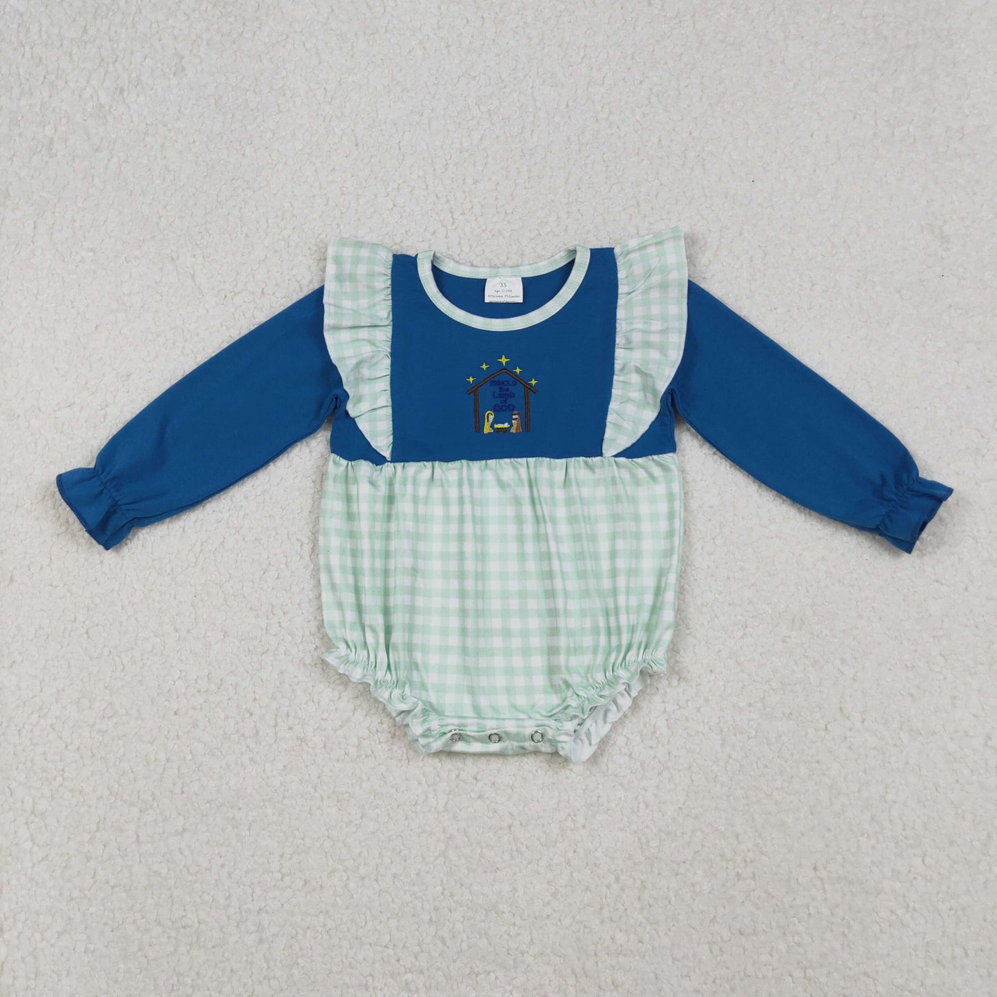 RTS NO MOQ （In stock） LR2477 Baby Girls Winter Rompers Long Ruffle Sleeves Nativity Christmas