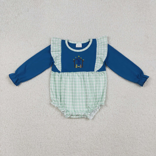 RTS NO MOQ （In stock） LR2477 Baby Girls Winter Rompers Long Ruffle Sleeves Nativity Christmas
