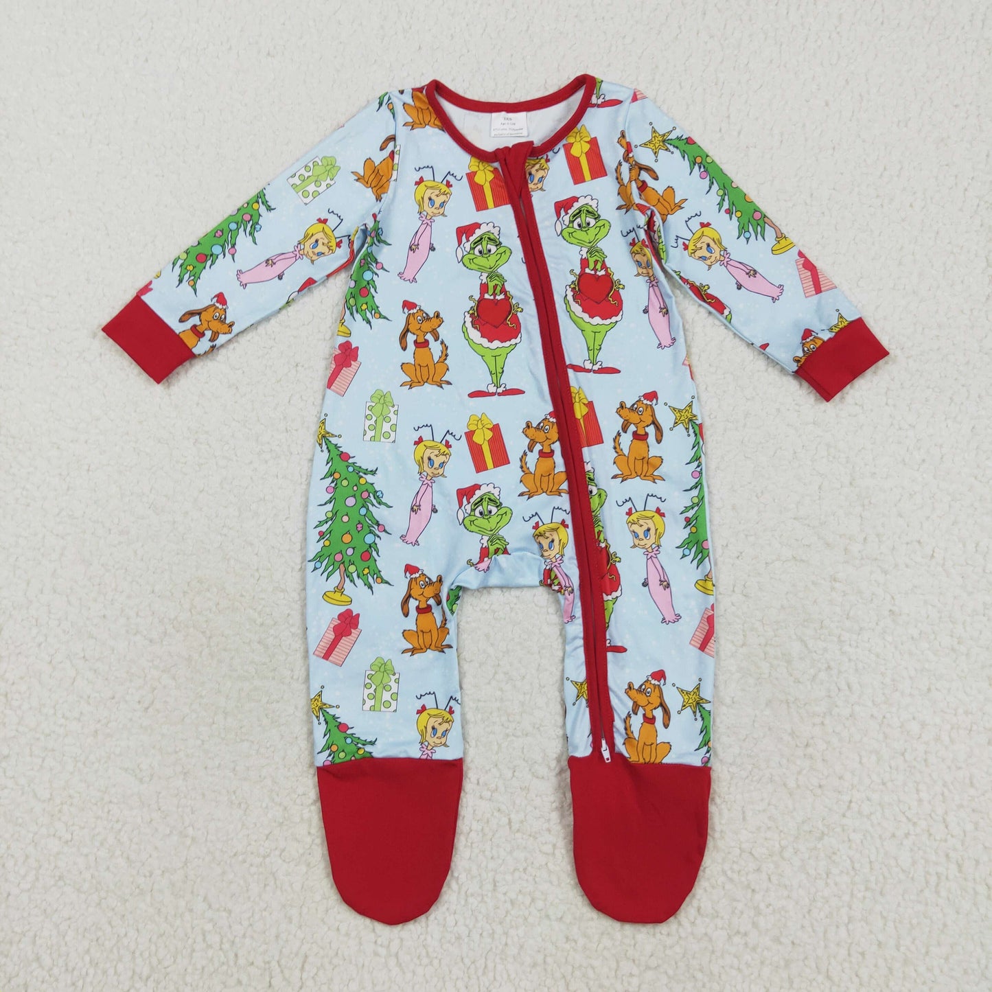 RTS NO MOQ （In stock）LR2478 Baby Girls Winter Rompers Baby Girls Green Face Christmas Trees Zipper Footed Rompers