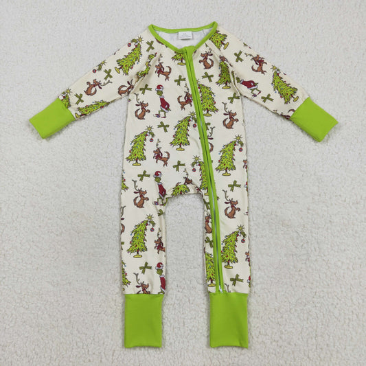 RTS NO MOQ （In stock）LR2481 Baby Boys Winter Rompers Baby Boys Christmas Trees Dogs Zipper Footie Rompers