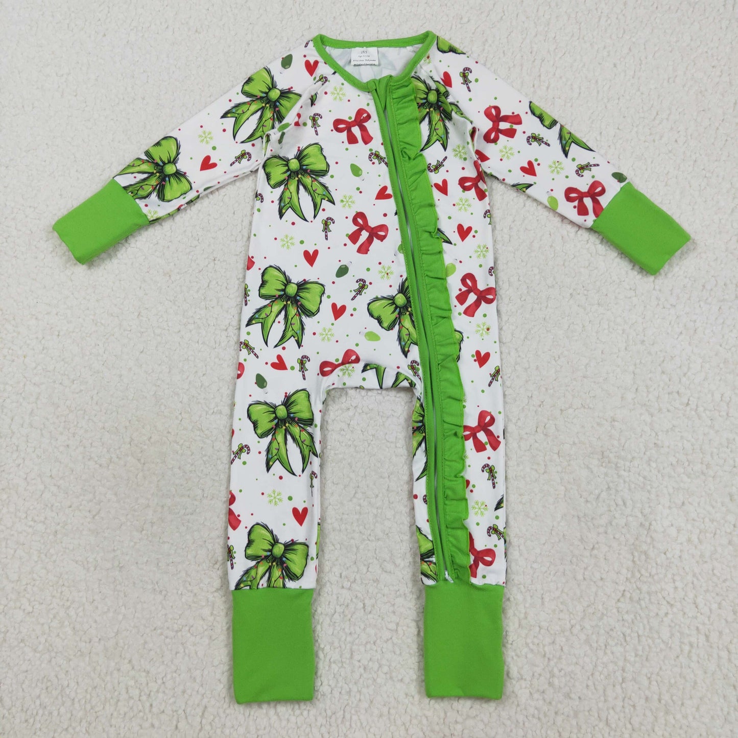 8.21 RTS NO MOQ （In stock）LR2482 Baby Girls Winter Rompers Baby Girls Green Red Bows Hearts Christmas Ruffle Zipper Footie Rompers