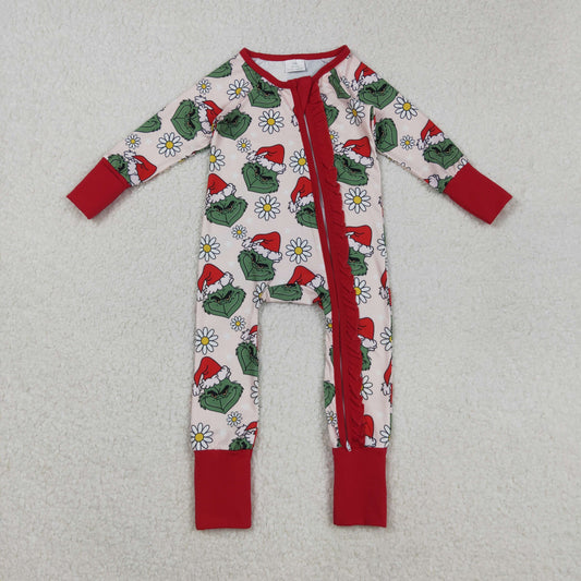 RTS NO MOQ （In stock）LR2489Baby Girls Winter Rompers Baby Girls Green Face Flowers Ruffle Zipper Christmas Rompers