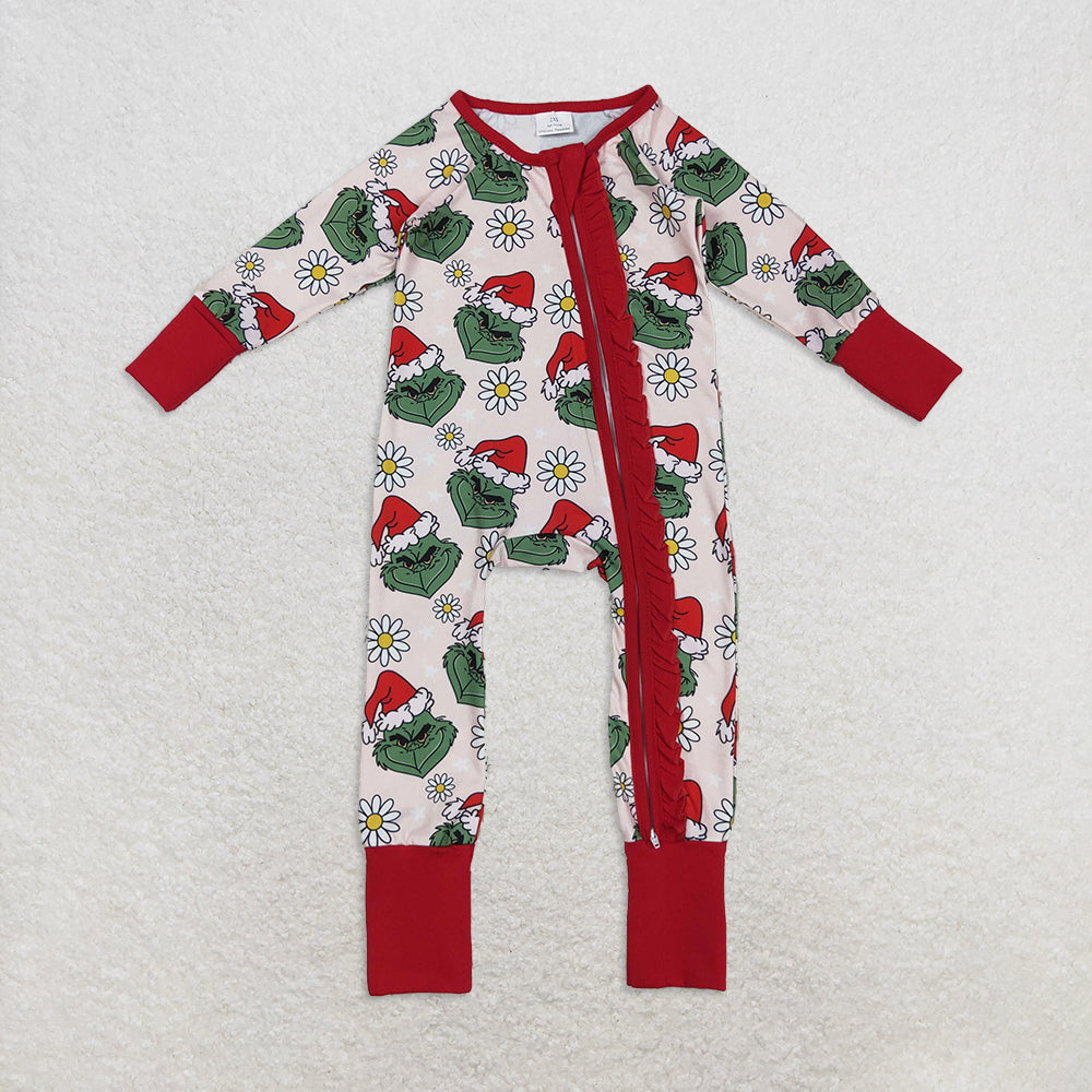 RTS Sibling Baby Girls Winter Outfits Floral Green Face Christmas Pajamas Long Sleeves Ruffle Dress Rompers for Holiday Comfortable Sleepwear