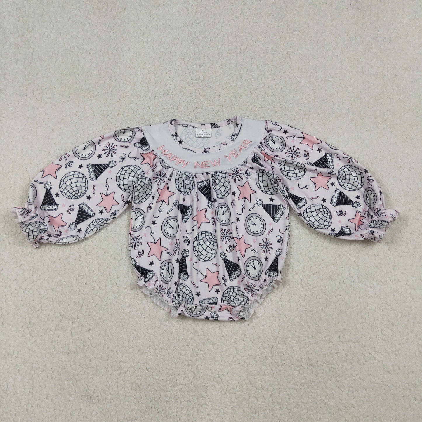 10.10 RTS NO MOQ （In stock）LR2493 Baby Girls Winter Rompers Embroidery Happy New Year Baby Girls Stars Firework Ruffle Rompers