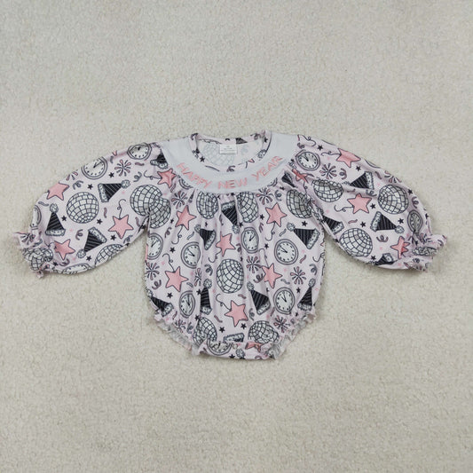 10.10 RTS NO MOQ （In stock）LR2493 Baby Girls Winter Rompers Embroidery Happy New Year Baby Girls Stars Firework Ruffle Rompers