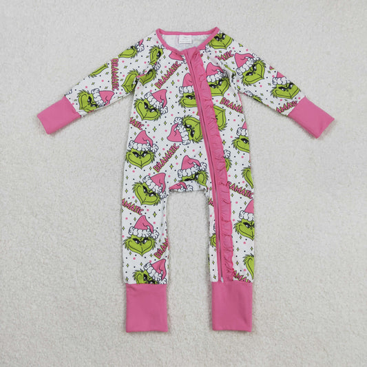 RTS NO MOQ （In stock）LR2495 Baby Girls Winter Rompers Baby Girls Green Faces Stars Plaid Ruffle Zipper Christmas Rompers