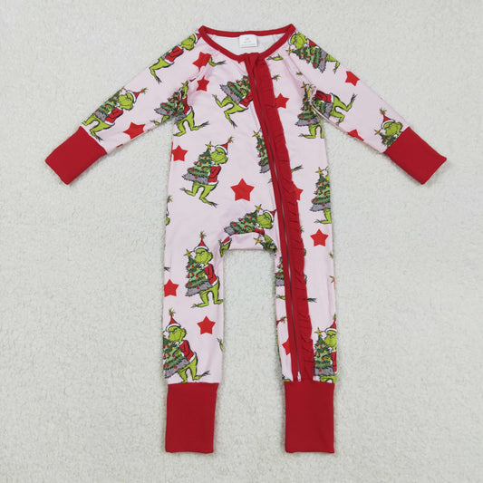 RTS NO MOQ （In stock）LR2496 Baby Girls Winter Rompers Green Faces Christmas Trees Ruffle Zipper Rompers for Holiday Outfit