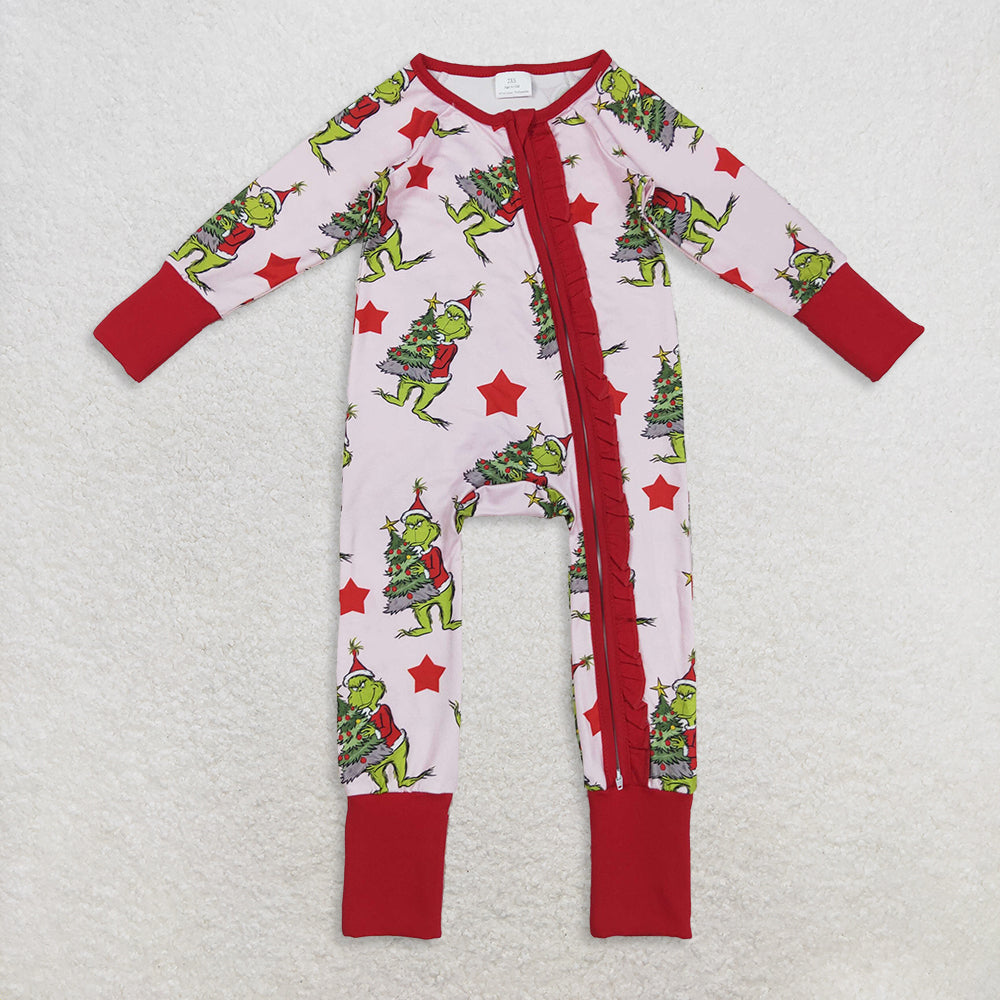 RTS Sibling Baby Girls Winter Outfits Green Face Christmas Pajamas Long Sleeves Ruffle Stars Design Rompers Dress Cute Holiday Sleepwear for Kids