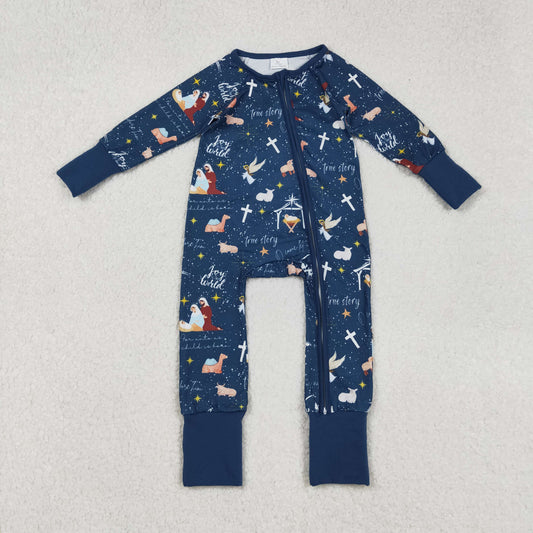 RTS NO MOQ （In stock）LR2504 Baby Boys Winter Rompers Blue Long Sleeve Cross Nativity Baby Christmas Zip Romper for Infants Boy