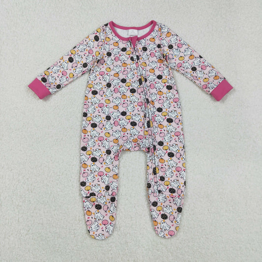 RTS NO MOQ （In stock）LR2506 Baby Girls Winter Rompers Halloween Footed Rompers Ghosts Pumpkins Design with Zipper for Infant Girls' Halloween Costume Clothing