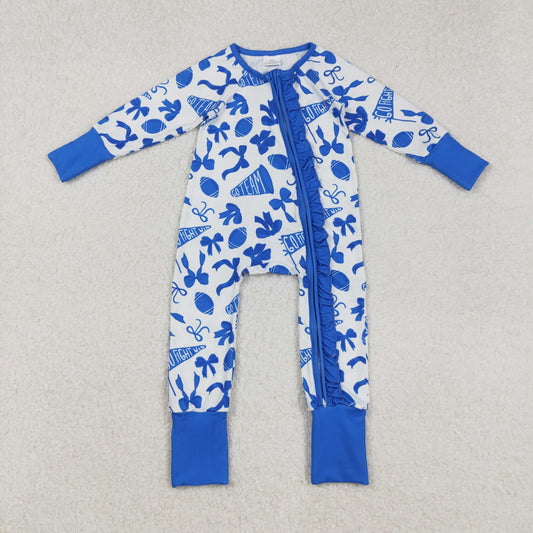 RTS NO MOQ （In stock）LR2511 Baby Girls Winter Rompers Blue Football Bow Ruffle Baby Girls Team Zipper Romper Infant Outfit