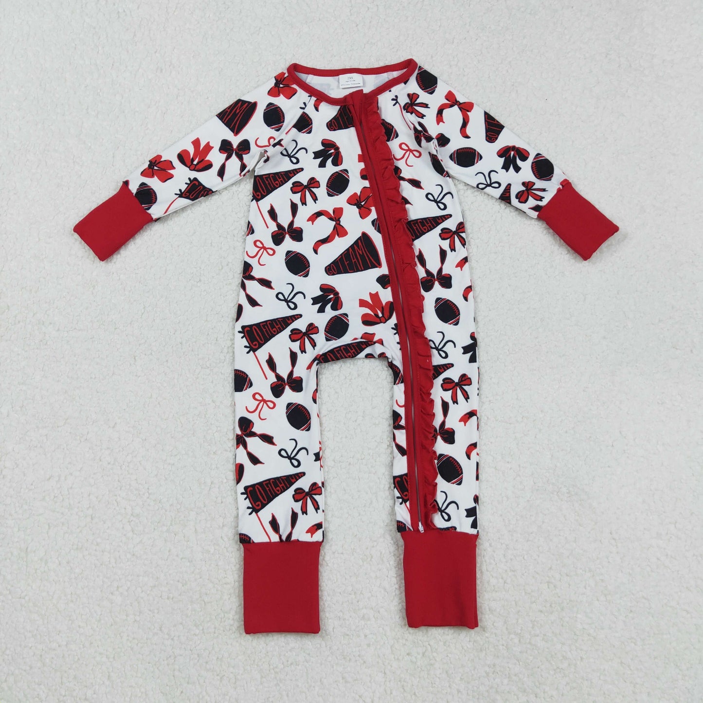 RTS NO MOQ （In stock）LR2512 Baby Girls Winter Rompers Red Bows and Footballs Rompers, Cheer Ruffle, Zipper Team Rompers