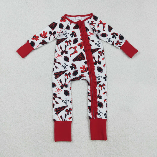 RTS NO MOQ （In stock）LR2512 Baby Girls Winter Rompers Red Bows and Footballs Rompers, Cheer Ruffle, Zipper Team Rompers